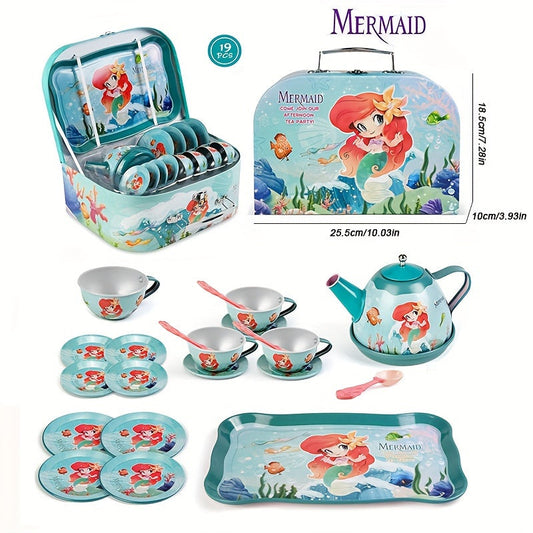 Playful, Enchanting Mermaid Tea Party Set for Girls - 19pcs Tin Tea & Carrying Case, Perfect Princess Kitchen Play Toys for Ages 3-6, Ideal Birthday Gift Good Vibrations