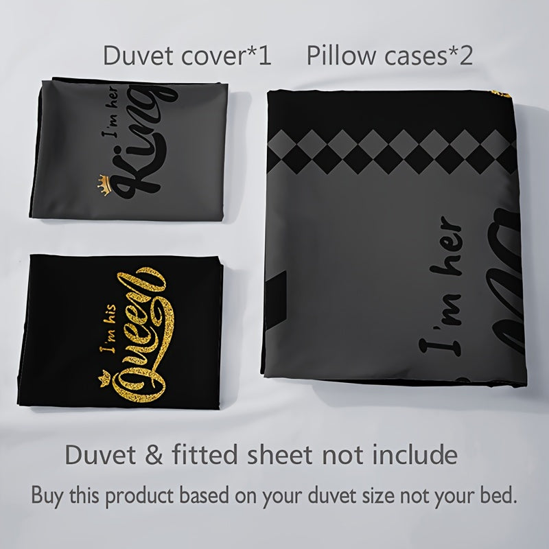 3pcs Black & Grey Crown Lettering Duvet Cover Set (1 Duvet Cover + 2 Pillowcases) - High Definition Printing For Home & Dorm Decor, Comforter Not Included Good Vibrations
