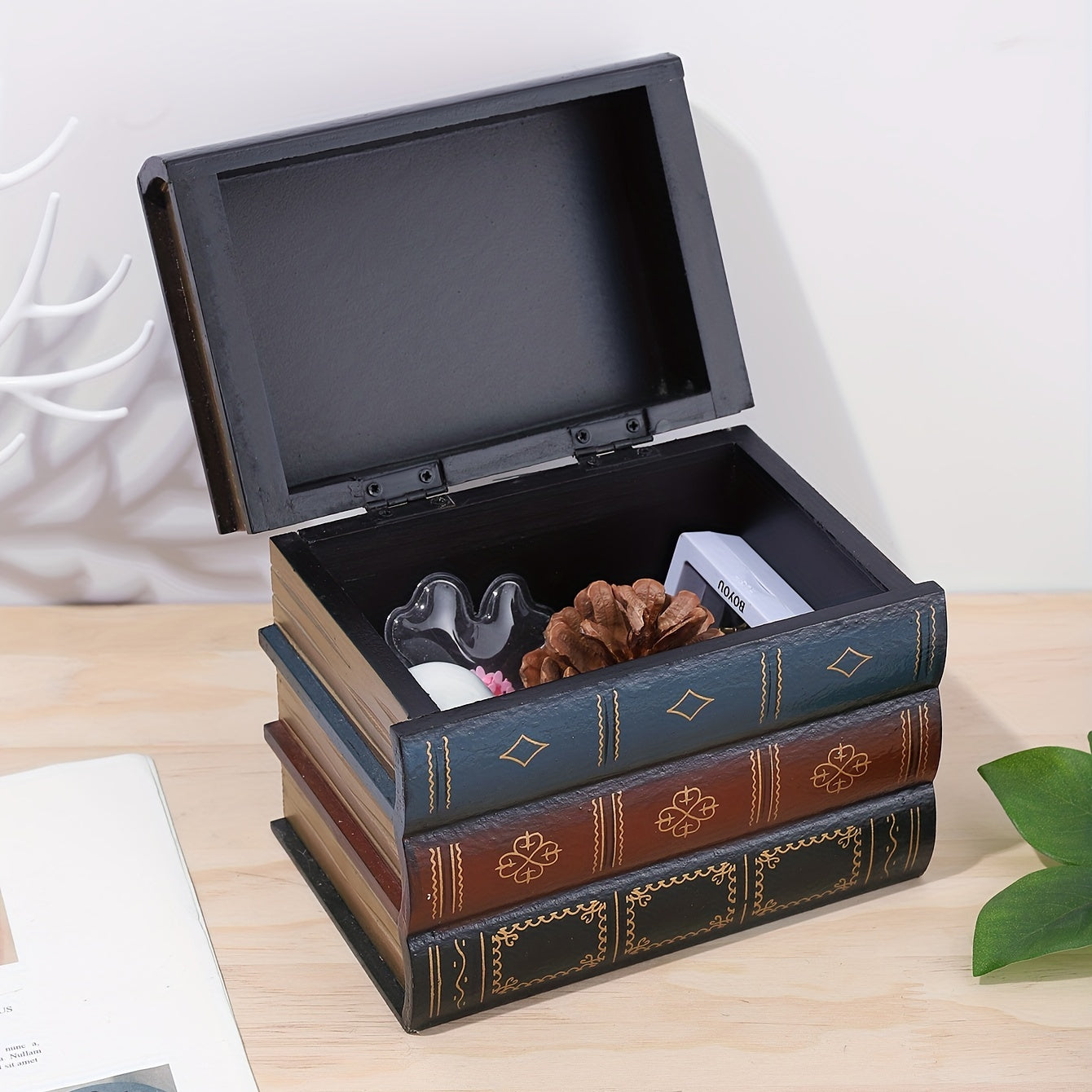 1pc Classic Book Shape Box, Painted Retro Wooden Storage Box, Desktop Handicraft Decoration, Jewelry Box, Gift Box Art Supplies Good Vibrations