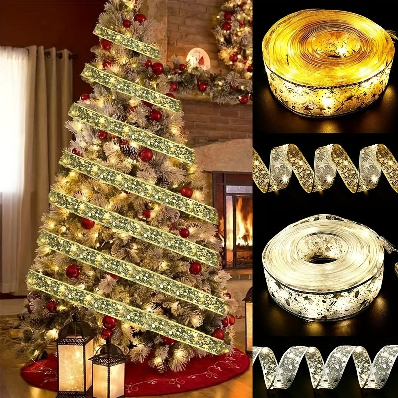78.74/196.85/393.7inch Golden And Silver Christmas Ribbon Fairy Lights, With Ribbon Bows And Butterfly Decorations, For Garden Home, Living Room, Halloween, Christmas, Wedding Decoration, Christmas Tree Decoration, Novel Ligh Good Vibrations