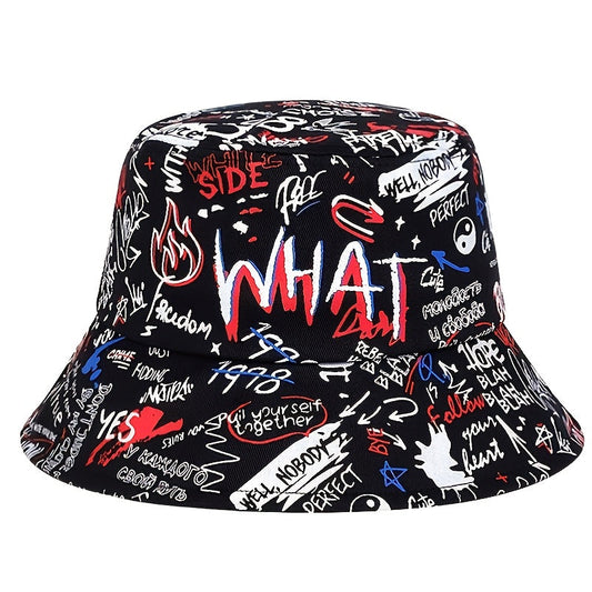 1 Men's "What" Graffiti-Style Bucket Hat - Streetwear Polyester, Hand-Washable, Black with Colorful Typography & Graphics, Perfect for Trendy Outfits Good Vibrations