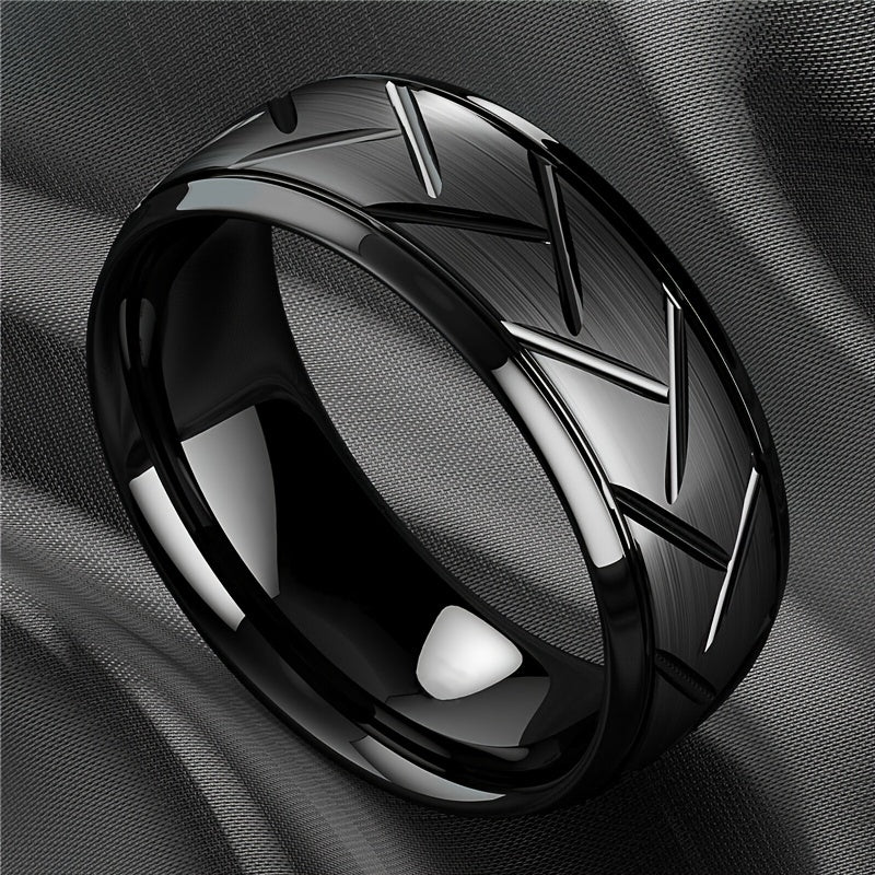 1pc 8MM Luxury High Quality Black Titanium Steel Ring Fashion Simple Men's Black Stainless Steel Wire Groove Tire Ring Artificial Jewelry Lover Gift Good Vibrations