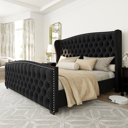 Luxurious Velvet Upholstered Platform Bed Frame with Deep Button Tufted Wingback Headboard & Nailhead Trim - No Box Spring Required, Sturdy Hardwood & High-Density Fiberboard Construction, Easy Assembly Modern Bedroom Furnitu Good Vibrations