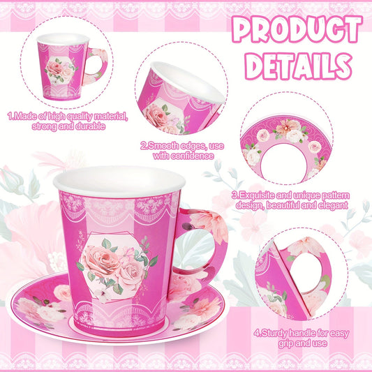 100pcs Disposable Tea Party Cup And Plates Floral Paper Teacups With Handle And Saucer Set For Birthday Princess Blossom Party Shower Decoration Good Vibrations