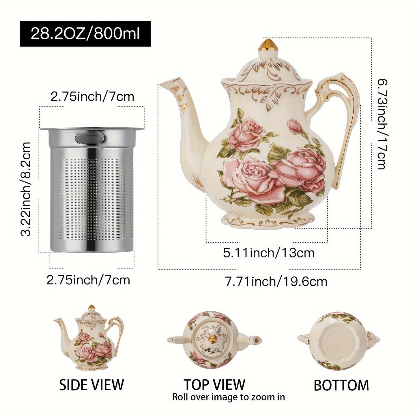 1pc Exquisite Floral Ceramic Coffee Pot - Retro Palace Style Blooming Tea Infuser, European-Inspired Afternoon Tea Set, Round Shaped, Flowers Patterned, Perfect for Home, Office, Hotel, Christmas, Thanksgiving, Valentines Day Good Vibrations