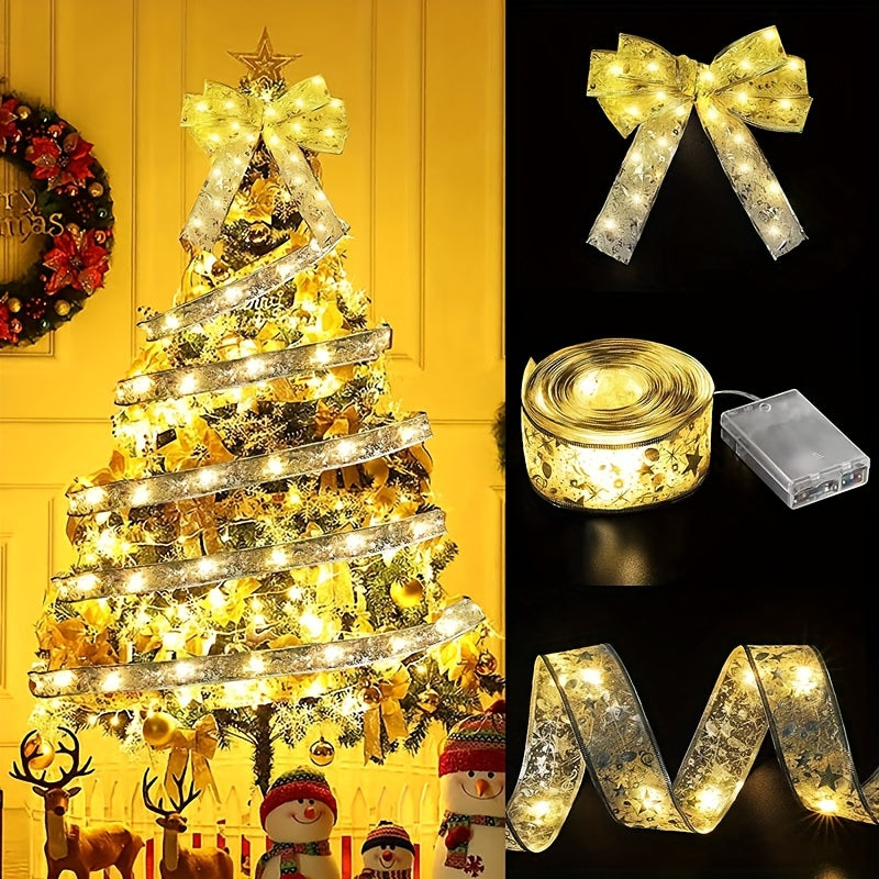 78.74/196.85/393.7inch Golden And Silver Christmas Ribbon Fairy Lights, With Ribbon Bows And Butterfly Decorations, For Garden Home, Living Room, Halloween, Christmas, Wedding Decoration, Christmas Tree Decoration, Novel Ligh Good Vibrations
