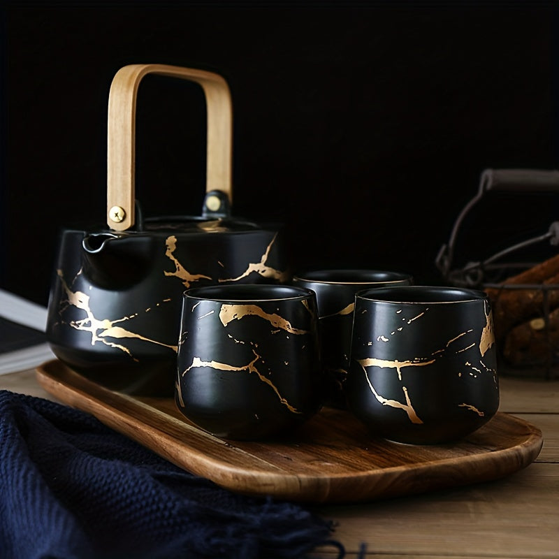 Elegant Marble Ceramic Tea Set with Acacia Wood Handles - Includes Pot, 4 Cups & Serving Tray for Afternoon Tea Good Vibrations