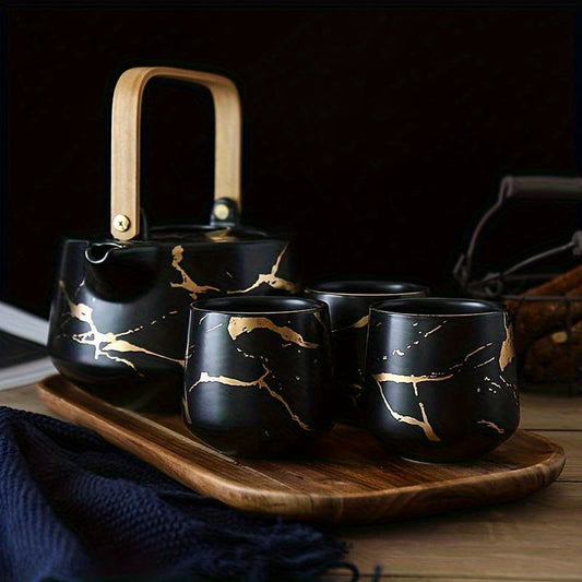 Elegant Marble Ceramic Tea Set with Acacia Wood Handles - Includes Pot, 4 Cups & Serving Tray for Afternoon Tea Good Vibrations