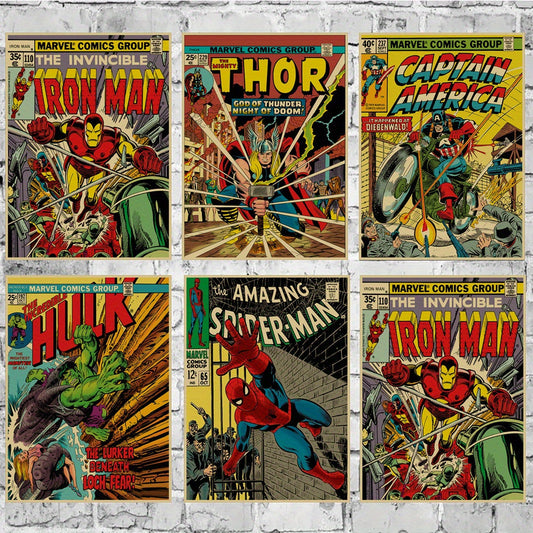 Marvel Comics Art Poster Set: 6 Pieces of Avengers Vintage Art, Perfect for Bedroom, Living Room, or Corridor, No Frame Required Good Vibrations