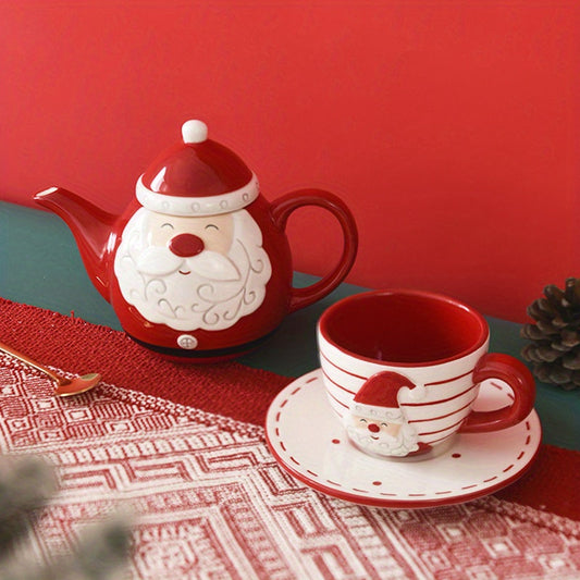 Santa Claus Ceramic Tea Set with Teapot and Cup, European Style Christmas Coffee Cup and Saucer Set, Creative Gift Relief Teapot Afternoon Tea Set, Christmas gift, Halloween gift Good Vibrations