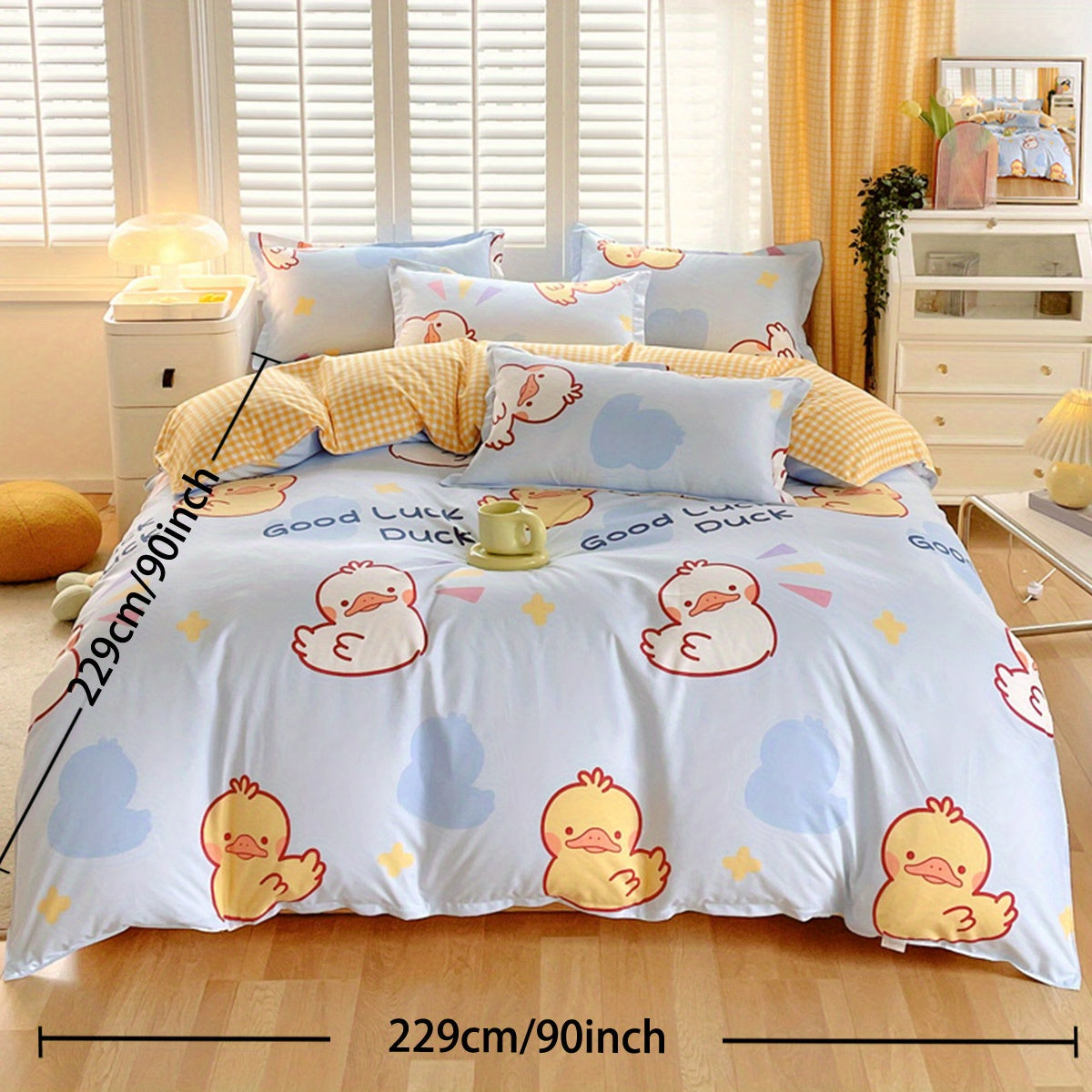 Good Luck Duck Duvet Cover Cute Farmhouse Livestock White Yellow Duck Bedding Sets 3 Piece Cartoon Comforter Cover Good Vibrations
