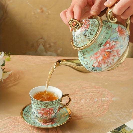 20 Pcs, Ceramic Tea Set, Coffee Pot, Floral Ceramic Tea Cup with Saucer, Afternoon Tea Set Porcelain Tea Set With Metal Holder, Blooming Tea Set, Christmas Gift For Tea Lover, Home Garden Party Coffee Shop, Afternoon Tea & Sp Good Vibrations