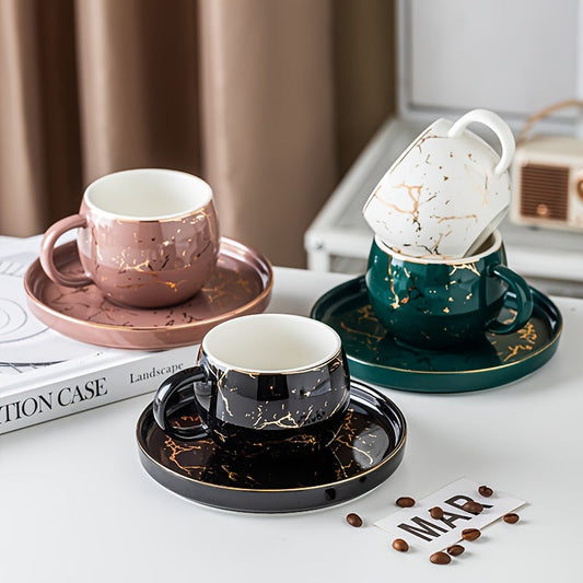 Set, Marble Print Teacup And Saucer, Ceramic Coffee Cup And Saucer Plate Good Vibrations