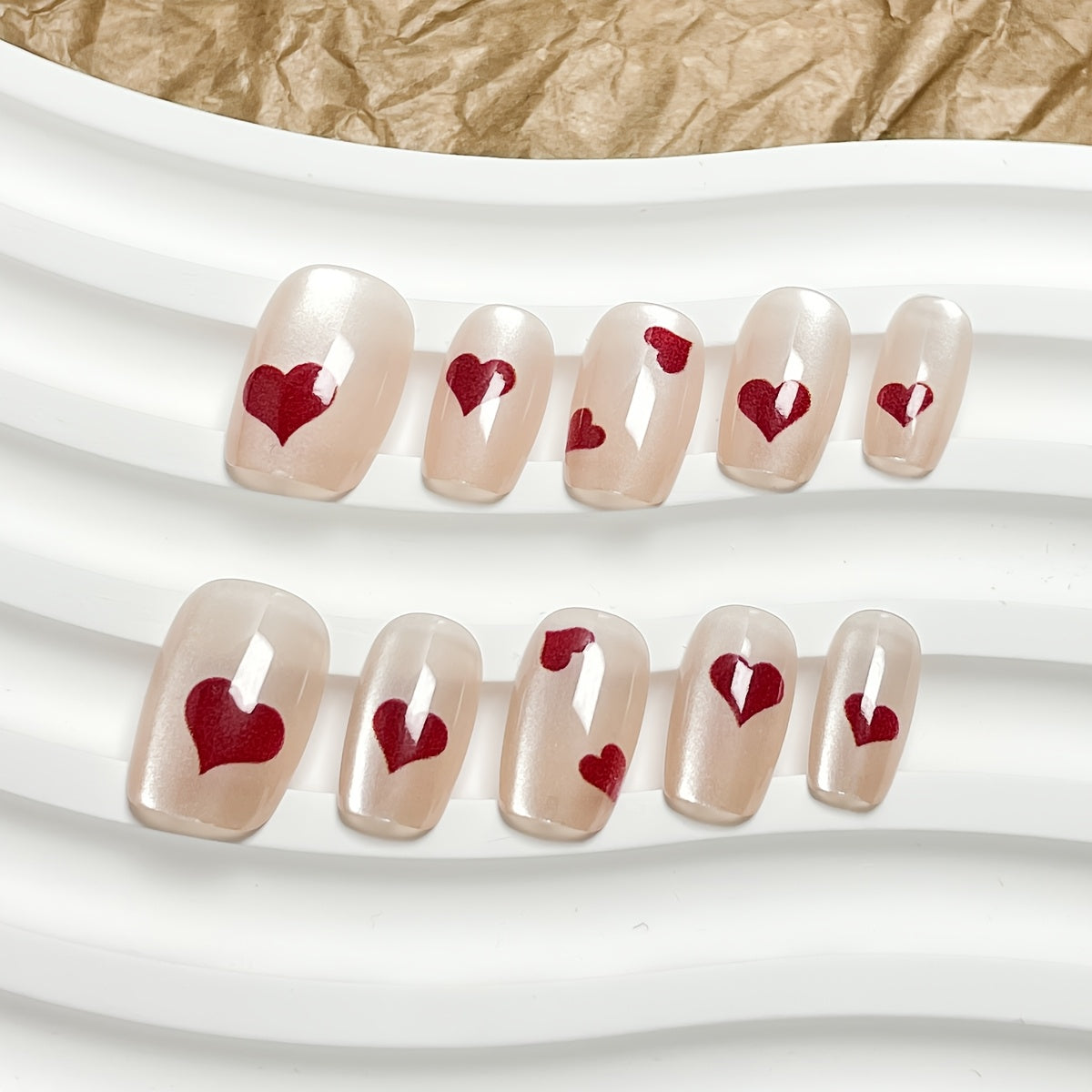 10pcs Handmade Short Ballet Nail Art Set - Glossy Red & Pink Heart Design with Glittery Gel Polish, Reusable Full Cover Press-On Nails with Hearts & Cuticle Wheel for Valentine's Day, Parties, Casual Attire - Easy Application Good Vibrations