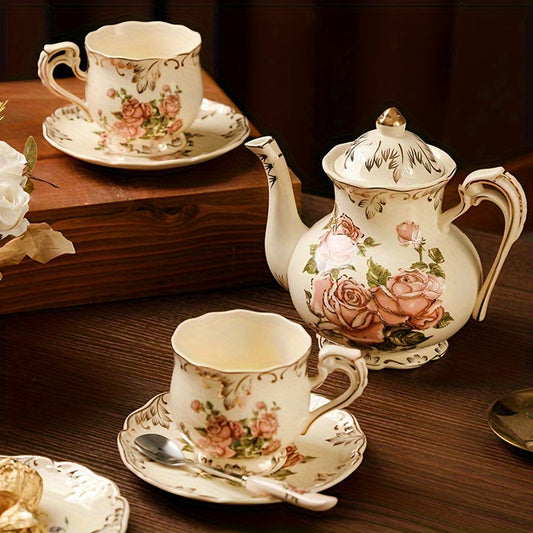 19-Piece Vintage European Tea Set for 6 - Elegant Porcelain Teacups, Saucers, Spoons, with Display Rack - Perfect for Entertaining, Tea Parties, Gifts Good Vibrations