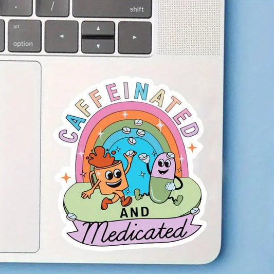Whimsical "Caffeinated and Medicated" Vinyl Sticker - Sunproof & Waterproof with Matte Finish, Perfect for Laptops, Skateboards, Bikes, Cars, Suitcases & Water Bottles Good Vibrations Adult Super Store