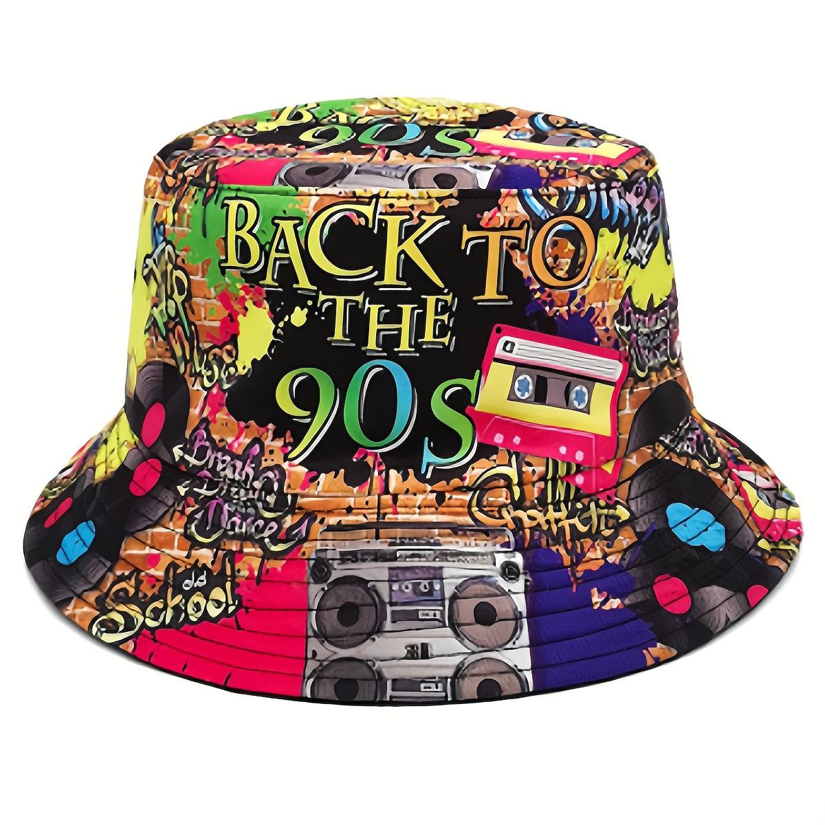 1pc Trendy Unisex Sunshade Bucket Hat with 90s Print - Double-Sided for Outdoor Beach - Great Gift Idea Good Vibrations