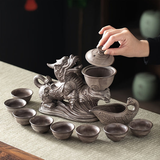 1 Set Lazy Tea Set, Magnetic Water Diversion Rotating Gaiwan, Tea Maker, Automatic Brave Troops Retro Teapot, Tea Cups, Cover Bowl, Rectangular Tea Tray, Chinese Kung Fu Tea Set, For Home Living Room Office, Gift Good Vibrations