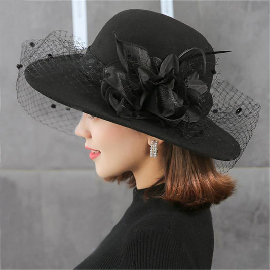 Women's Wide Brim Fedora Hat with Black Lace Veil & Floral Decor - Non- Derby Cap for Church, Bridal Tea Party, Formal Events Good Vibrations