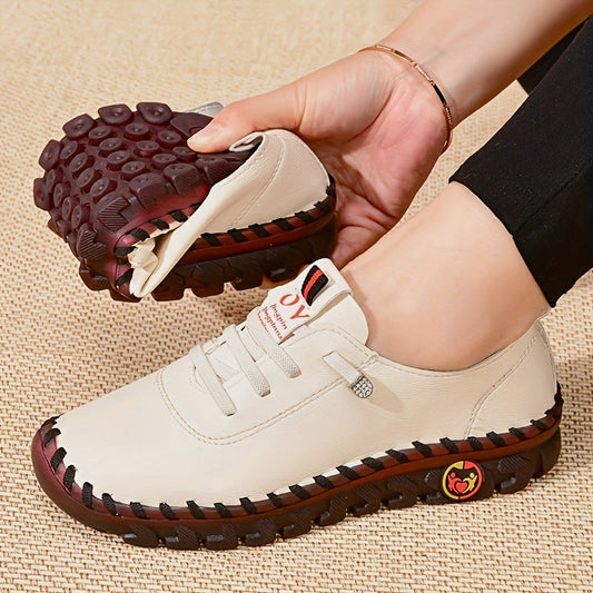 Women's Beige & Burgundy Round-Toe Casual Shoes - All-Season Synthetic Cover-like Upper with Cushioned PVC Sole, Round-Toe Walking Shoes for Square Dance, Dance Practice, Daily Wear - Comfortable Dress Footwear (Hand Washable Good Vibrations