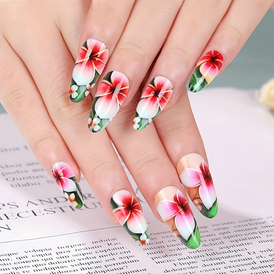 Mixed Color Floral Oval Long Press On Nails with Glossy Finish, French Almond Shape Faux Nail Tips Set, Water Drop Design Adhesive Nail Art Kit YA-28 Good Vibrations