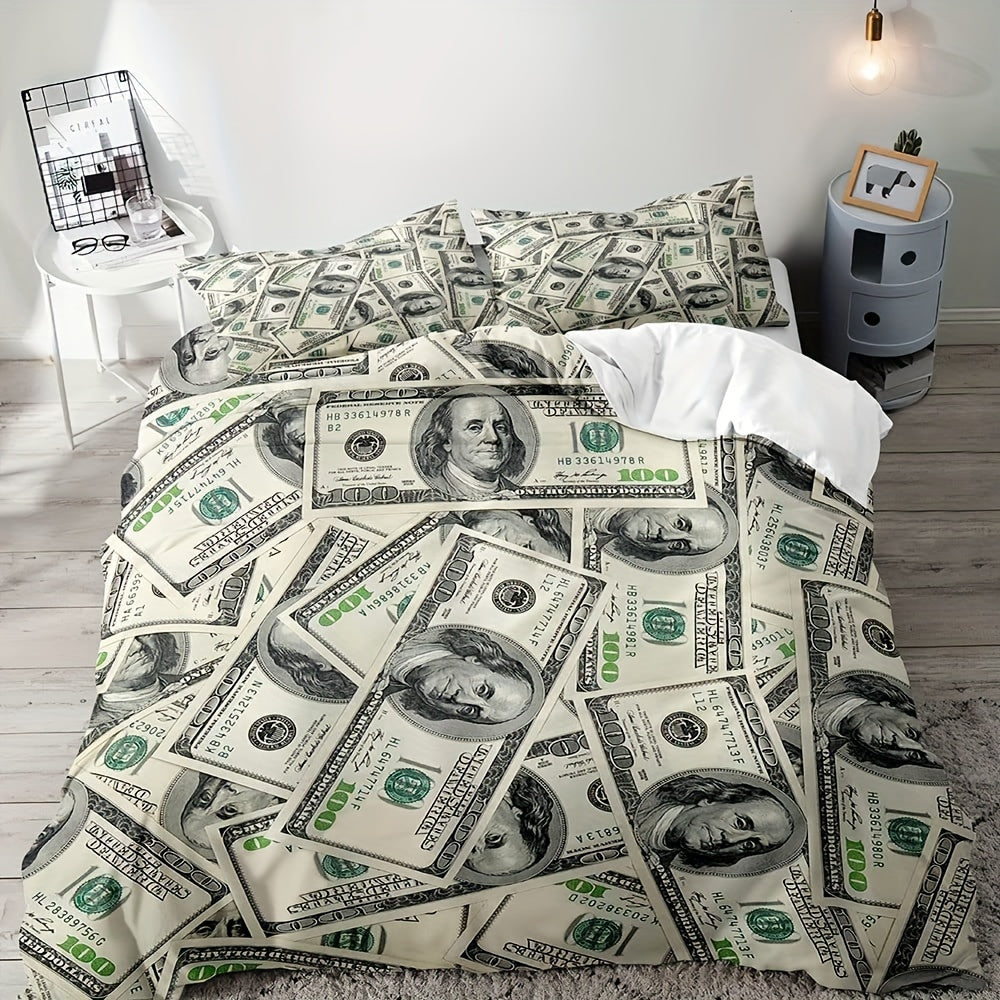 1pc, Money Print Queen Bedding Set, 3-Piece Microfiber Duvet Cover With Zipper Closure & Corner Ties, Includes 90"x90" Comforter Cover And 2 Pillow Shams, One Hundred Dollar Bill Soft And Breathable Quilt Cover For Home Bedro Good Vibrations