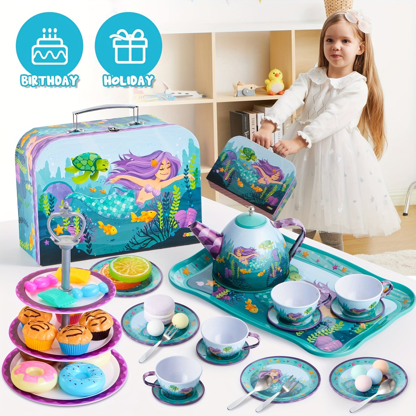 35pcs Mermaid Tea Party Set for Kids, Dress Up & Pretend Play, Pretend Tin Teapot Set, Princess Tea Time Play Kitchen Toy with Dessert, Doughnut, Carrying Case Birthday Easter Gifts for Toddlers Good Vibrations