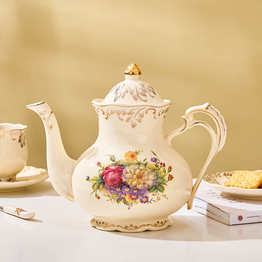 1pc Exquisite Floral Ceramic Coffee Pot - Retro Palace Style Blooming Tea Infuser, European-Inspired Afternoon Tea Set, Round Shaped, Flowers Patterned, Perfect for Home, Office, Hotel, Christmas, Thanksgiving, Valentines Day Good Vibrations