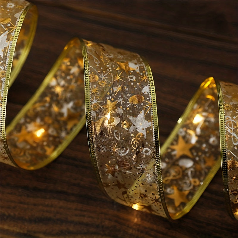 78.74/196.85/393.7inch Golden And Silver Christmas Ribbon Fairy Lights, With Ribbon Bows And Butterfly Decorations, For Garden Home, Living Room, Halloween, Christmas, Wedding Decoration, Christmas Tree Decoration, Novel Ligh Good Vibrations