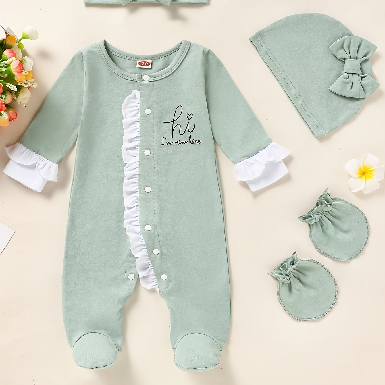Newborn Baby Girl Clothes, Letter Print Footed Romper Jumpsuit & Headband & Hat & Baby Mittens, Cute Infant Clothing Set Good Vibrations
