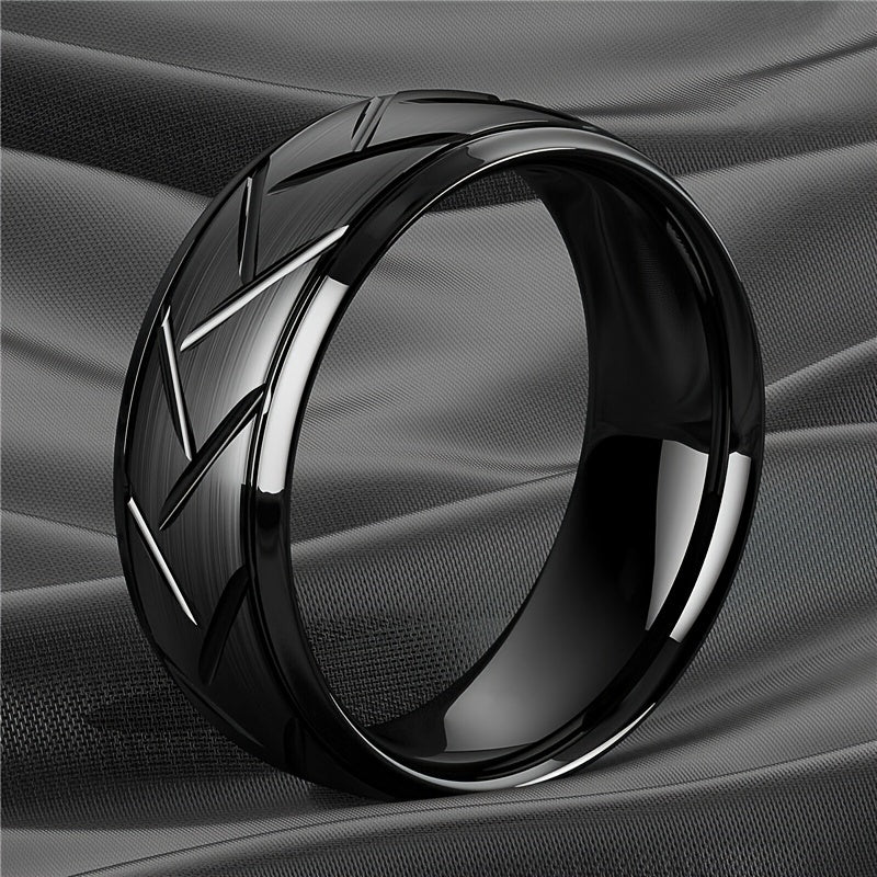 1pc 8MM Luxury High Quality Black Titanium Steel Ring Fashion Simple Men's Black Stainless Steel Wire Groove Tire Ring Artificial Jewelry Lover Gift Good Vibrations
