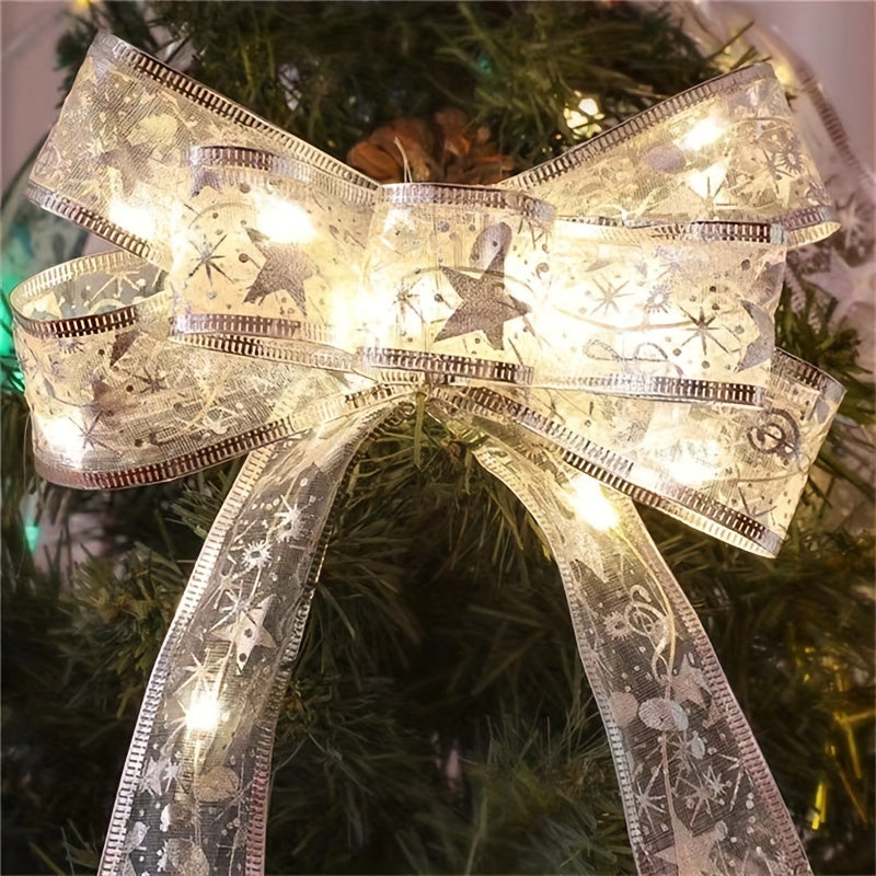 78.74/196.85/393.7inch Golden And Silver Christmas Ribbon Fairy Lights, With Ribbon Bows And Butterfly Decorations, For Garden Home, Living Room, Halloween, Christmas, Wedding Decoration, Christmas Tree Decoration, Novel Ligh Good Vibrations