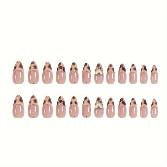 Mixed Color System Almond Shaped Press On Nails Set - Glossy Heart and Leopard Print Patterns, Middle Length, Removable, Easy to Apply, Long-Lasting, Durable False Nail Tips for Salon-Quality Look - Perfect for Nail Art and B Good Vibrations