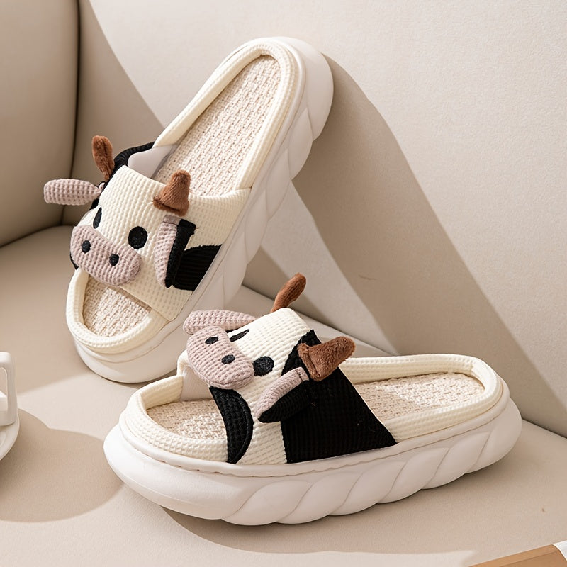 Women's Cartoon Cute Cow House Slippers, Platform Soft Sole Anti-slip Warm Plush Home Slides, Women's Indoor Cozy Shoes Good Vibrations