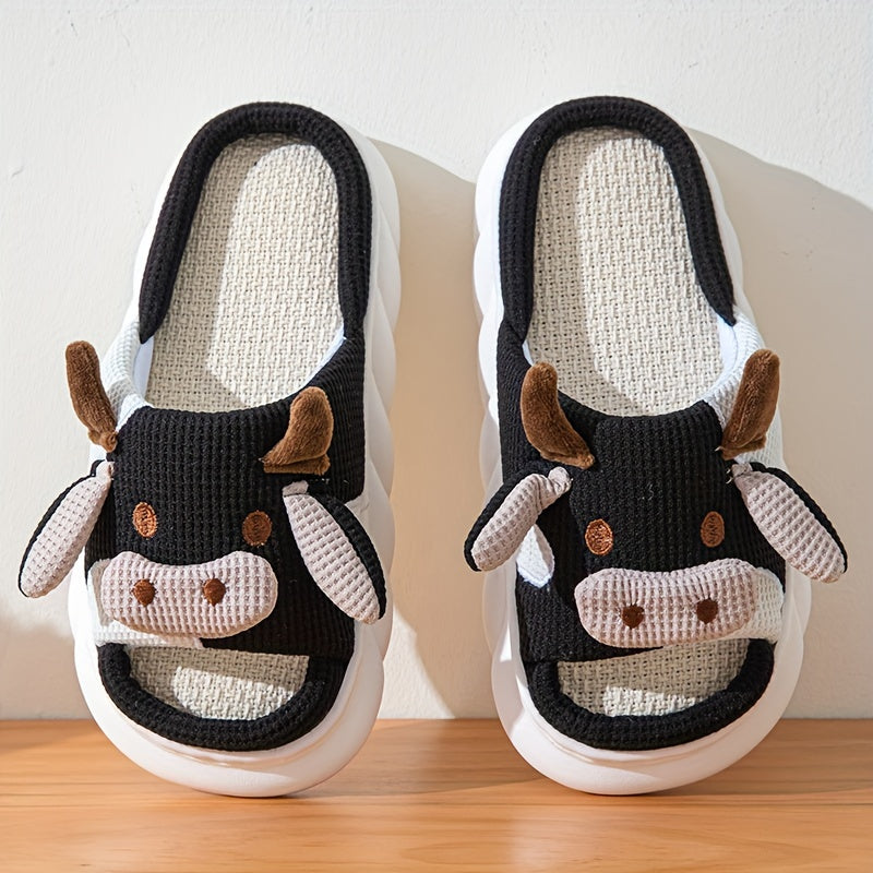 Women's Cartoon Cute Cow House Slippers, Platform Soft Sole Anti-slip Warm Plush Home Slides, Women's Indoor Cozy Shoes Good Vibrations