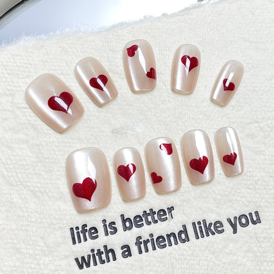 10pcs Handmade Short Ballet Nail Art Set - Glossy Red & Pink Heart Design with Glittery Gel Polish, Reusable Full Cover Press-On Nails with Hearts & Cuticle Wheel for Valentine's Day, Parties, Casual Attire - Easy Application Good Vibrations