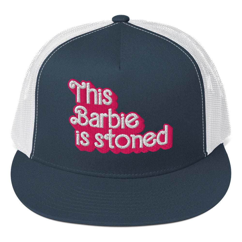 Barbie Trucker Cap with "This Barbie is stoned" text, structured five-panel design.