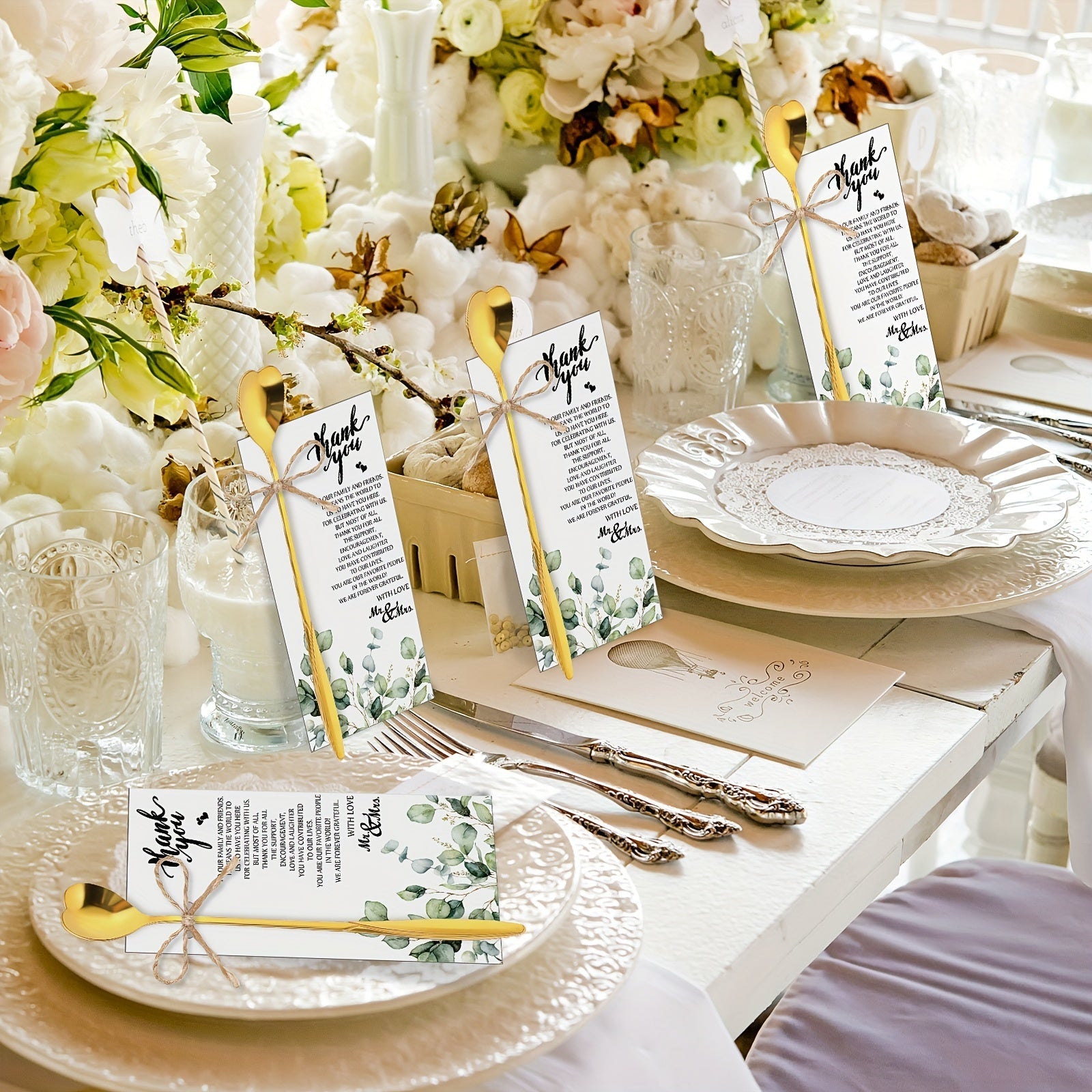 103 pcs 103-Piece Bridal Shower Tea Party Favors: Heart-Shaped Tea Spoons, Greenery Sign, Thank You Cards & Hemp Rope Gifts for Wedding Guests Good Vibrations