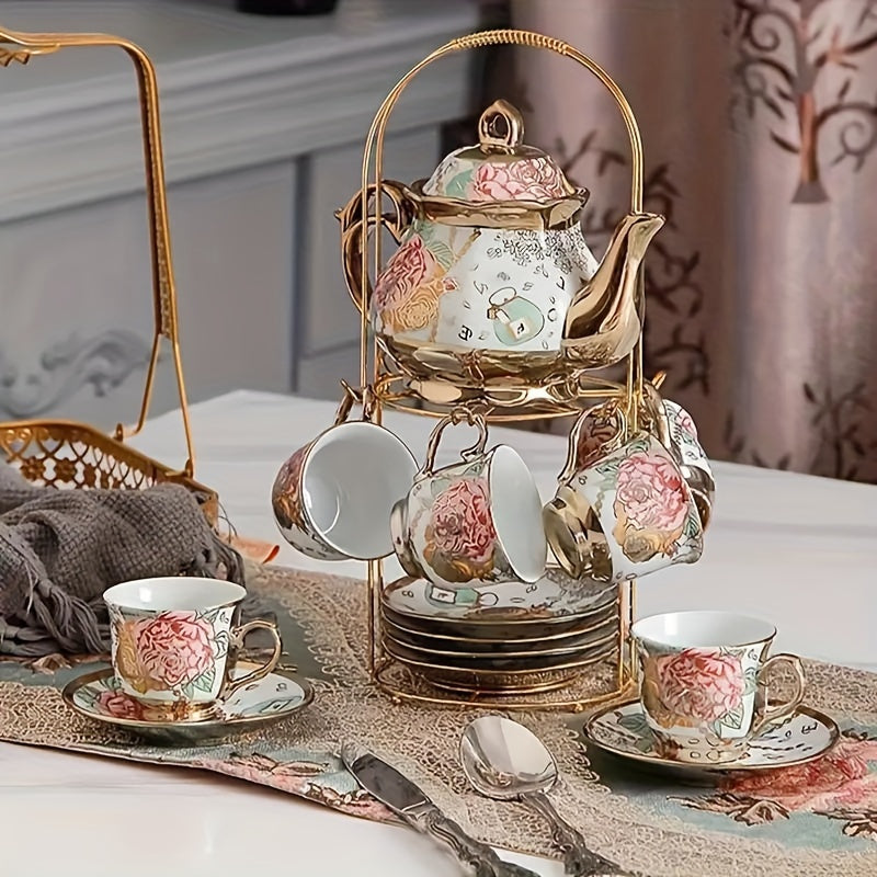 14-Piece European Ceramic Tea Set with Metal Stand, Elegant Floral Design, Holiday Theme for Afternoon Tea & Gift Giving Good Vibrations