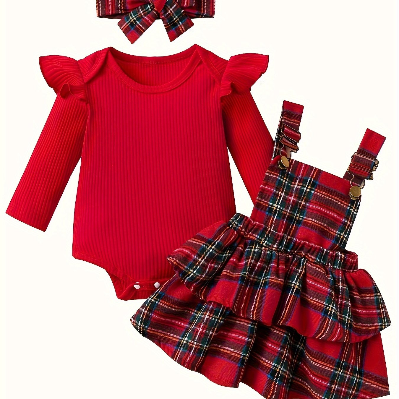 Baby Autumn and Winter Clothing Set Baby Girls 0-18 Months Romper and Plaid Strap Skirt and Headband Good Vibrations