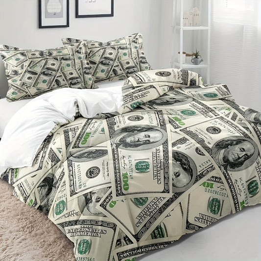 1pc, Money Print Queen Bedding Set, 3-Piece Microfiber Duvet Cover With Zipper Closure & Corner Ties, Includes 90"x90" Comforter Cover And 2 Pillow Shams, One Hundred Dollar Bill Soft And Breathable Quilt Cover For Home Bedro Good Vibrations