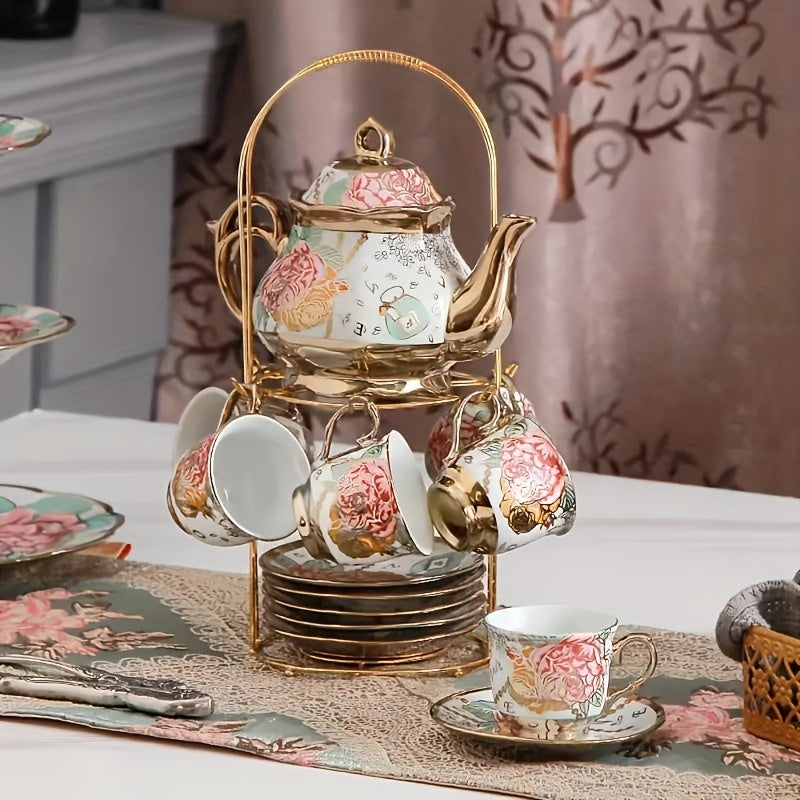 14-Piece European Ceramic Tea Set with Metal Stand, Elegant Floral Design, Holiday Theme for Afternoon Tea & Gift Giving Good Vibrations