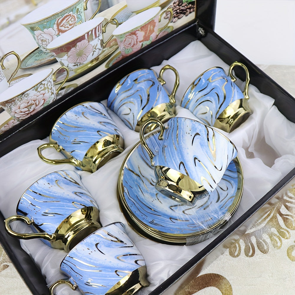 1set, European Style Creative Electroplated Ceramic Tea Set, 6 Cups & 6 Saucers, Porcelain Coffee Cup Gift Box Set Good Vibrations