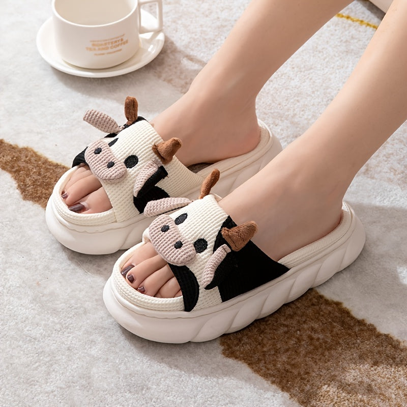 Women's Cartoon Cute Cow House Slippers, Platform Soft Sole Anti-slip Warm Plush Home Slides, Women's Indoor Cozy Shoes Good Vibrations