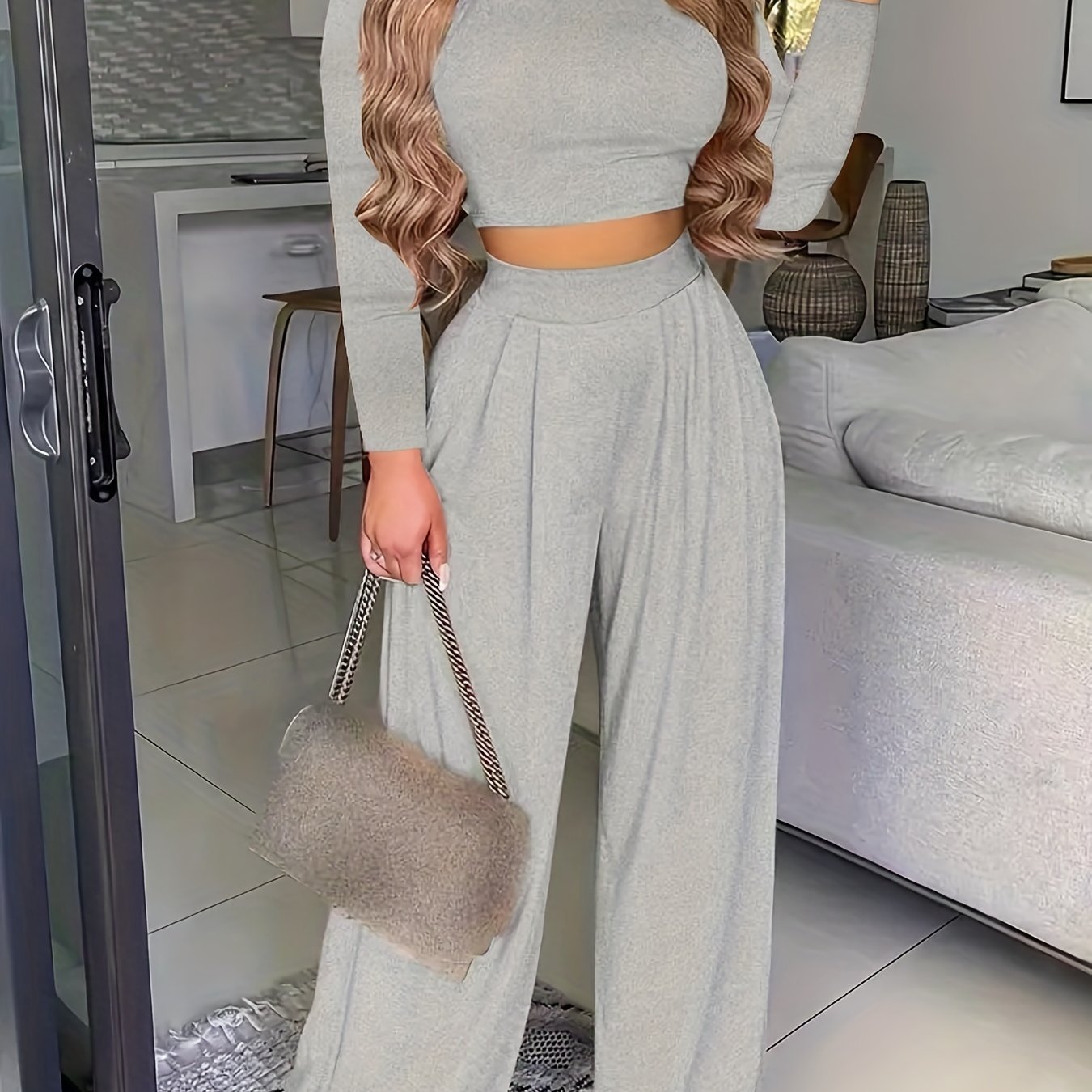 Two-piece Long Sleeve & Long Length Solid Casual Crew Neck Outfits, Women's Clothing Set Good Vibrations