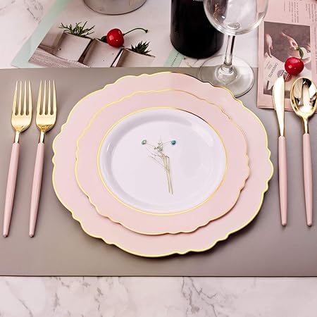 30Guest Pink Plates Disposable - Hign-End Baroque Design - Gold Plastic Silverware With Handle-Baroque Pink &Gold Plastic Good Vibrations