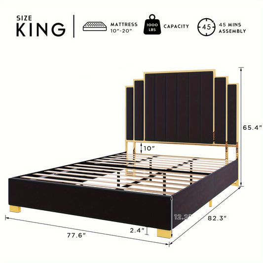 Papajet Golden Trimmed Upholstered Bed Frame with 61-Inch Headboard - Modern Platform Style Good Vibrations