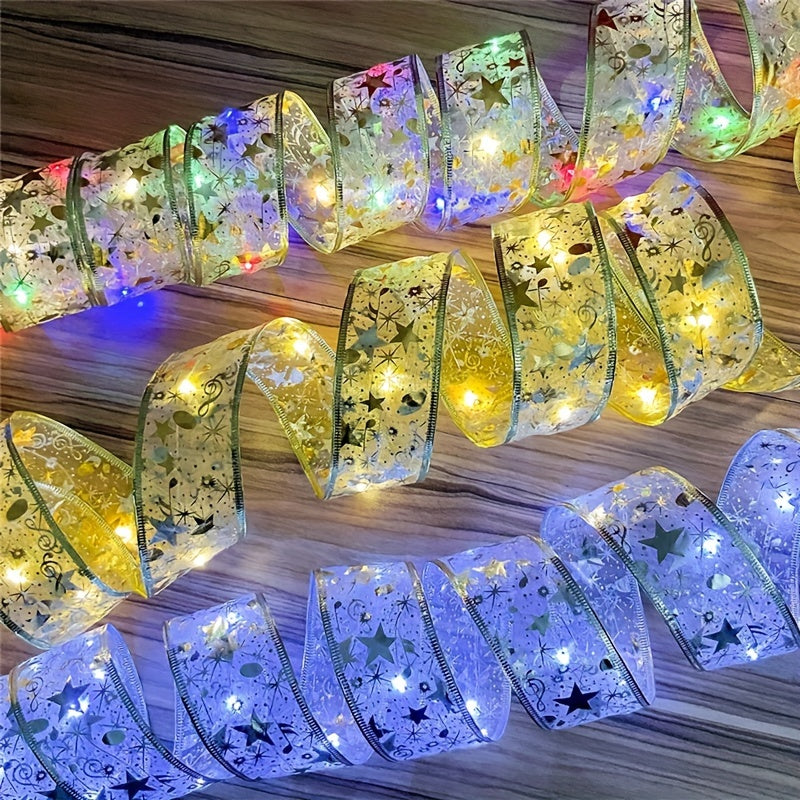 78.74/196.85/393.7inch Golden And Silver Christmas Ribbon Fairy Lights, With Ribbon Bows And Butterfly Decorations, For Garden Home, Living Room, Halloween, Christmas, Wedding Decoration, Christmas Tree Decoration, Novel Ligh Good Vibrations