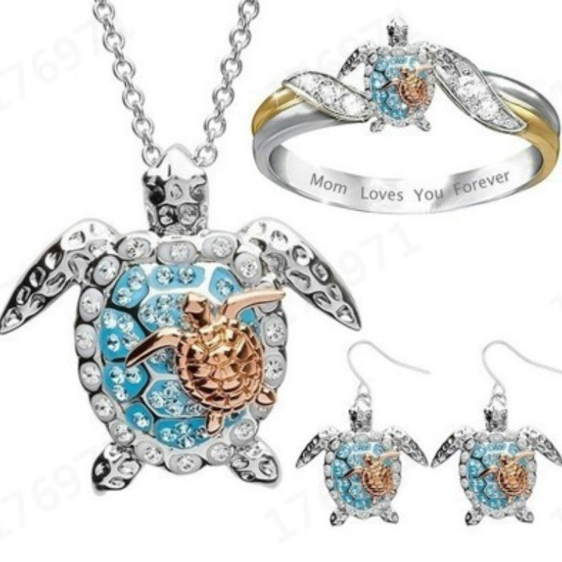 EJG Women'S Turtle Jewelry Set 925 Sterling Silver Moissanite Necklace Earrings Ring Beach Style Vacation Everyday Layered Dainty Gift for Her, Jewelry for Women Set High Quality, Set Jewelry for Women, Holiday Accessory, Gif Good Vibrations