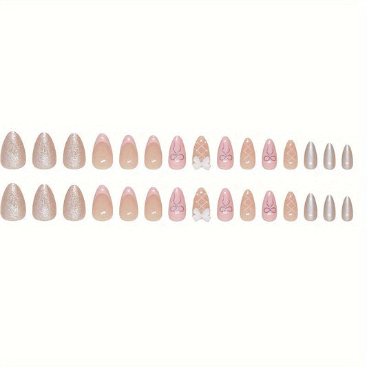 Pink Sweet Bow Press-On Nail Tips - Almond Shape, Medium Length, Glossy Finish Good Vibrations